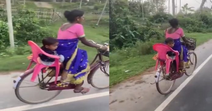 Picsart_22-10-04_21-14-27-532 Mother's tremendous jugaad to make child sit on cycle goes viral on social media