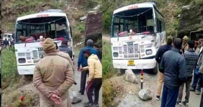 Big road accident in the mountain, bus tire came out of the road