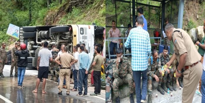 A bus carrying army personnel overturned on the Badrinath Highway A bus carrying army personnel overturned on the Badrinath Highway